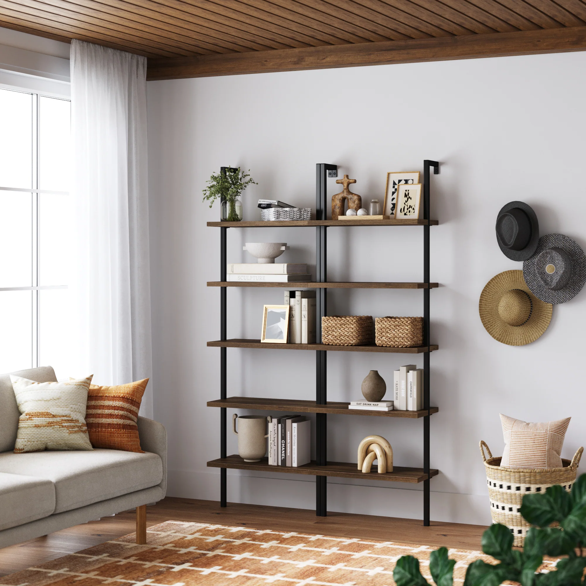 5-Shelf Ladder Bookshelf Oak Matte Black (Set of 2) - Image 2