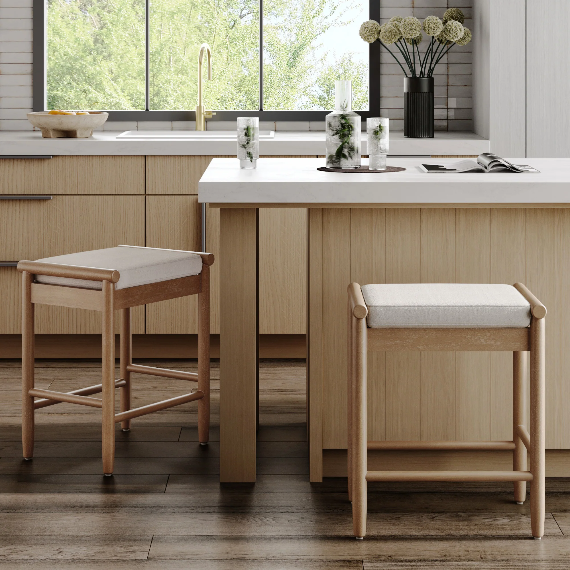Backless Wooden Bar Stool with Boucle Upholstery Light Brown (Set of 2)
