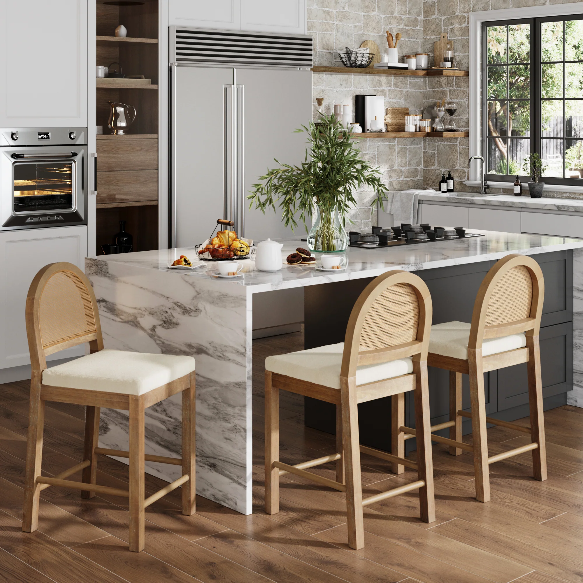 Boucle & Rattan Counter Height Bar Stools Light Brown (Set of 3) - Image 2