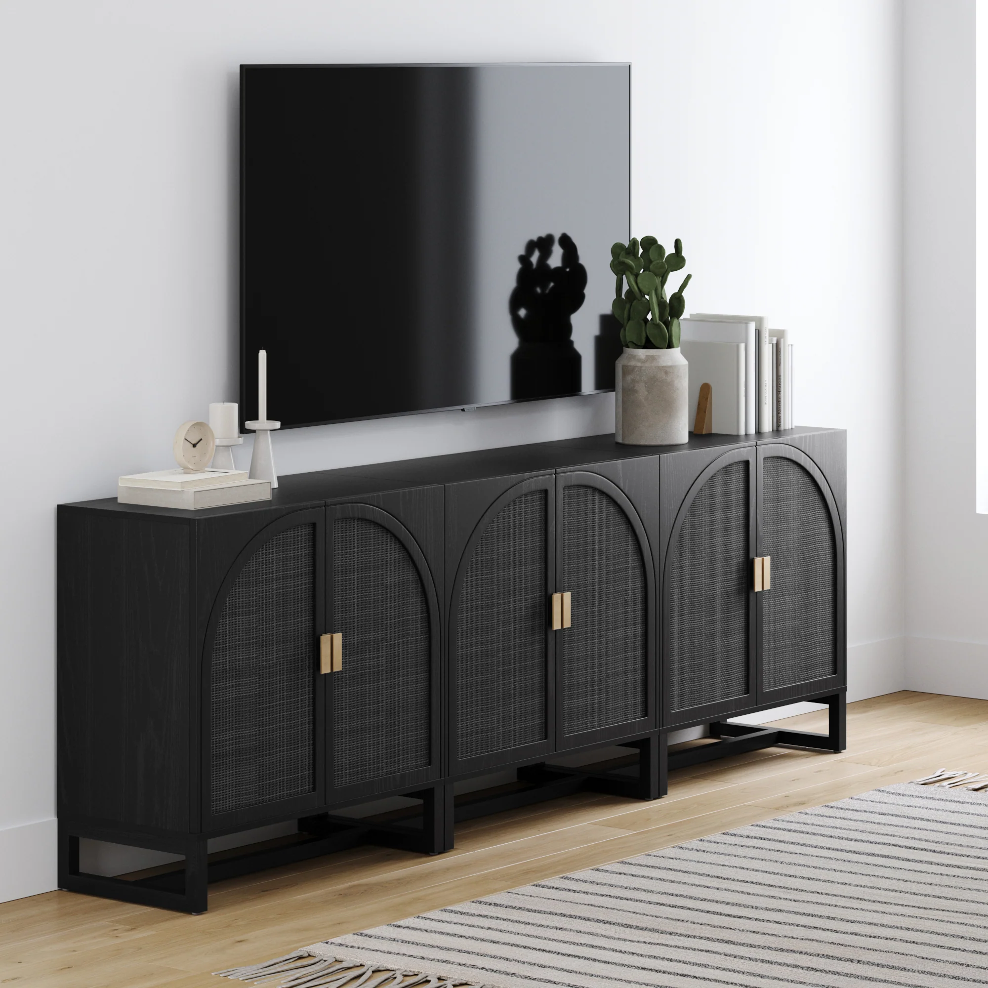 Rattan Arched TV Console Stand for 75-85" TVs Black Rattan