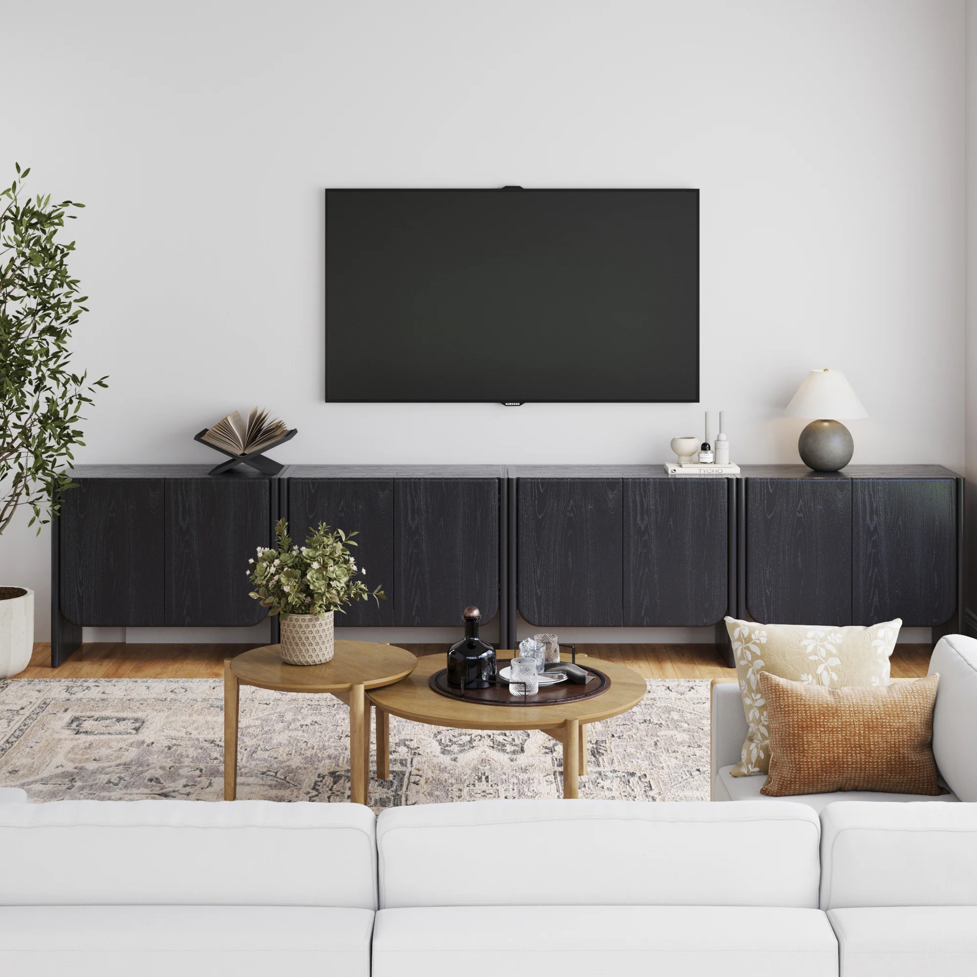 Rounded Wood TV Console Cabinet Black Oak for TVs 85"