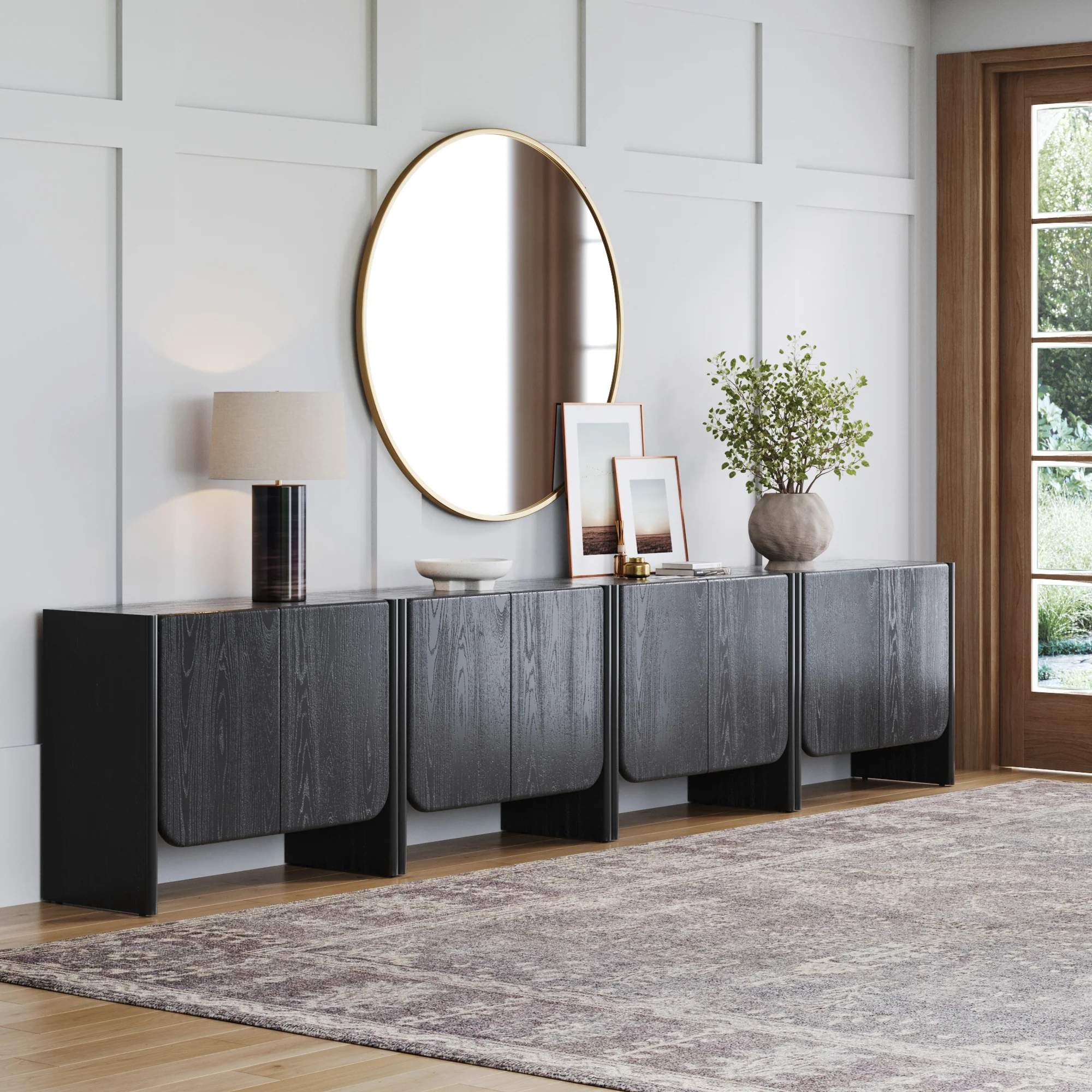 Rounded Wood TV Console Cabinet Black Oak for TVs 85" - Image 2