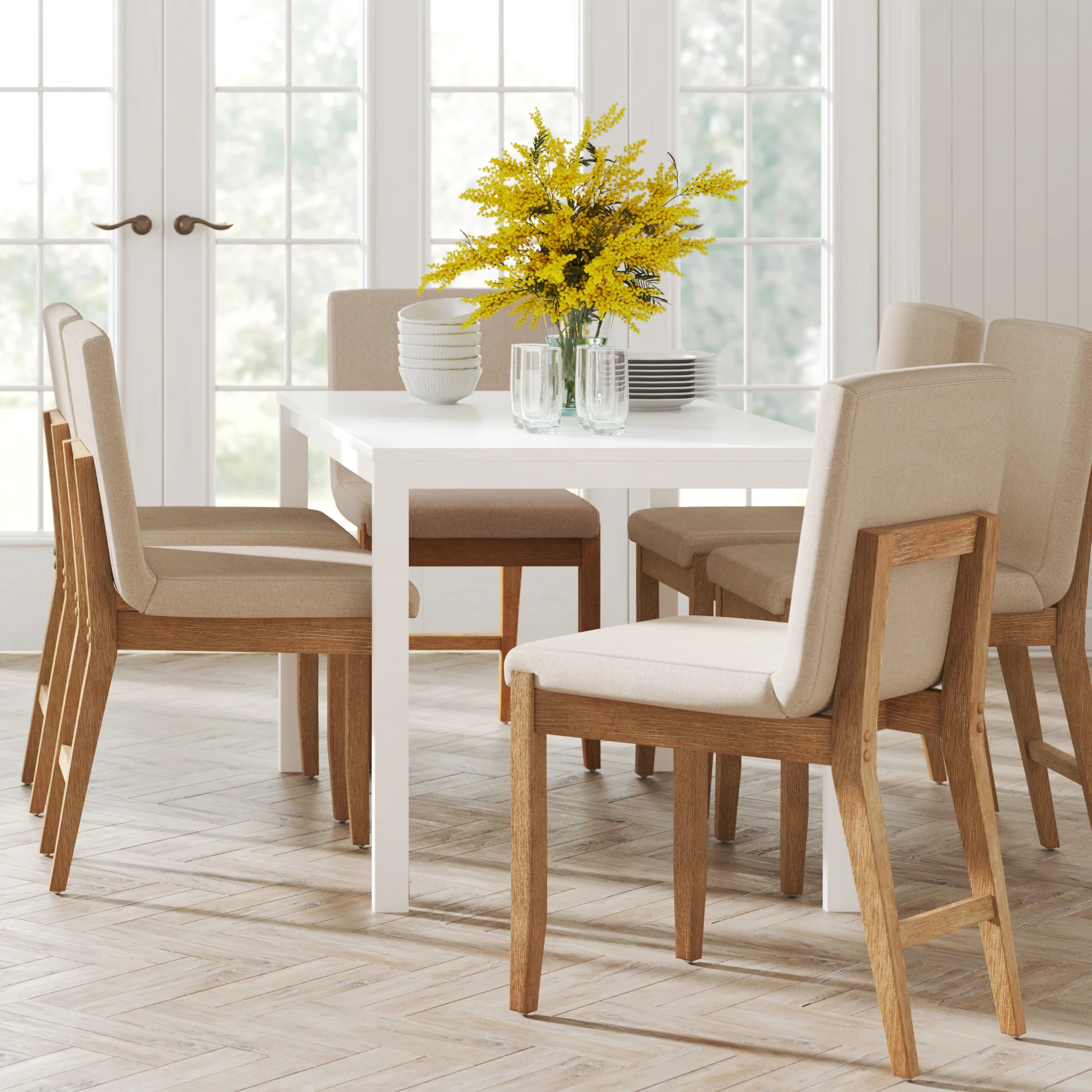 Wood Upholstered Dining Chairs Brushed Light Brown Flax (Set of 6) - Image 2